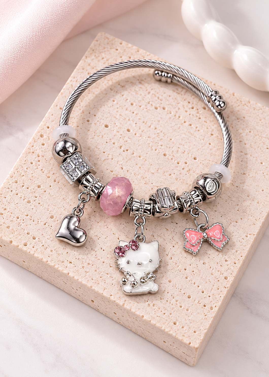 ETC-PUL-119 - PULSERA ESTILO PANDORA DE HELLO KITTY BLANCA EN PLATEADA