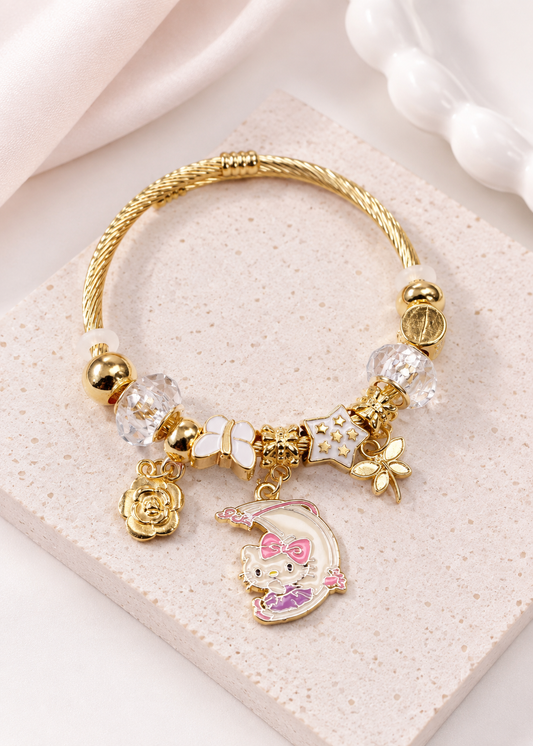 ETC-PUL-117 - PULSERA ESTILO PANDORA DE HELLO KITTY EN LUNA EN DORADO
