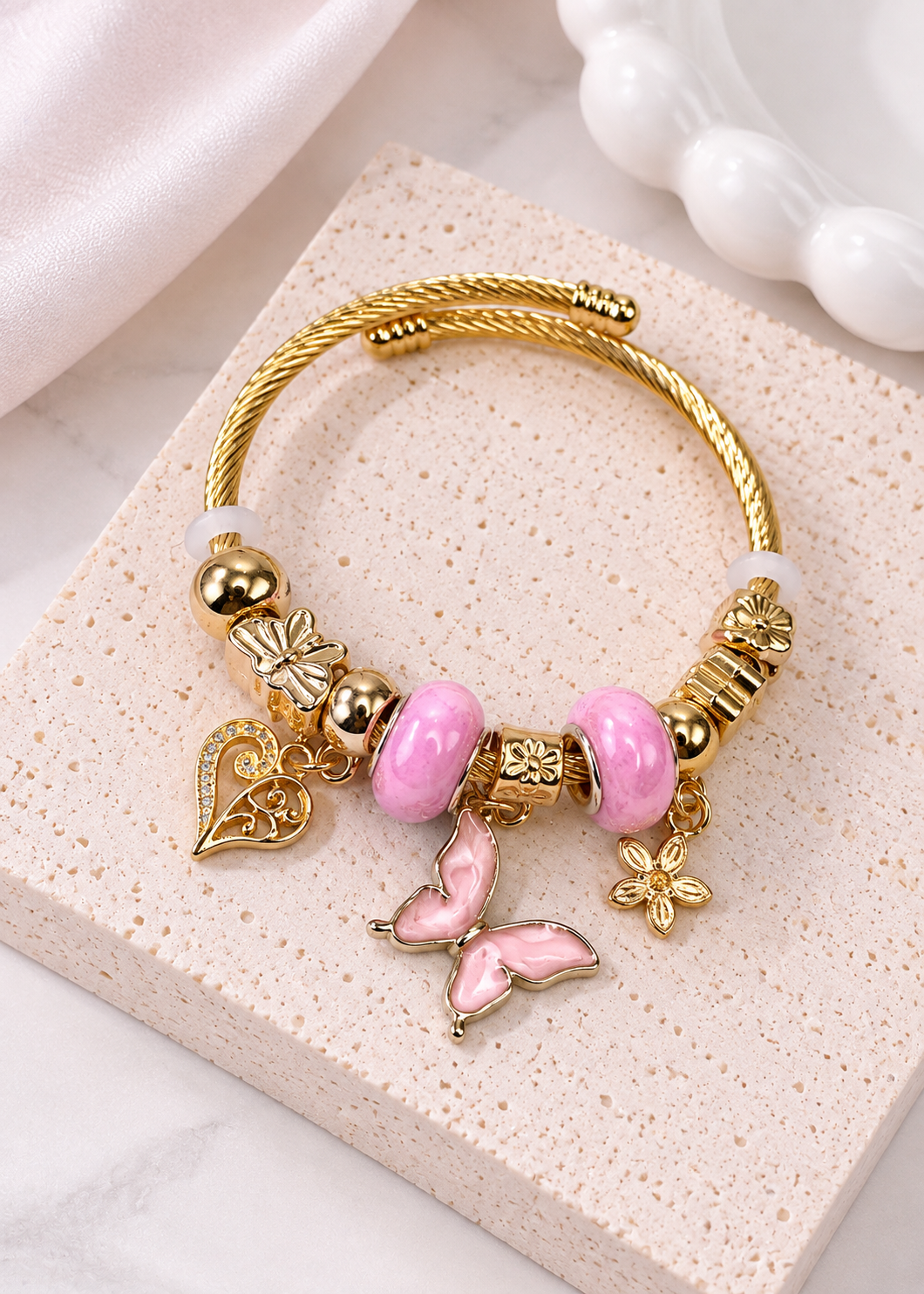 ETC-PUL-134 - PULSERA ESTILO PANDORA DE MARIPOSAS EN DORADO
